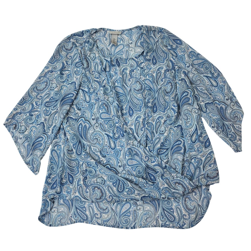 Catherines Womens 0X 14/16W Blue Paisley Surplice Faux Wrap Blouse 3/4 Bell